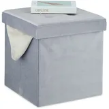 Relaxdays Hocker Samt, Sitzhocker mit Stauraum, gepolstert, faltbar, HxBxT: 38 x 38 x 38 cm, Sitzwürfel Wohnzimmer, grau