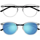 OPULIZE Met Doppelpack Lesebrille Mit Sonne Leser Groß Runden Klar Schwarz Herren Damen Federscharniere RS60-C +1,00