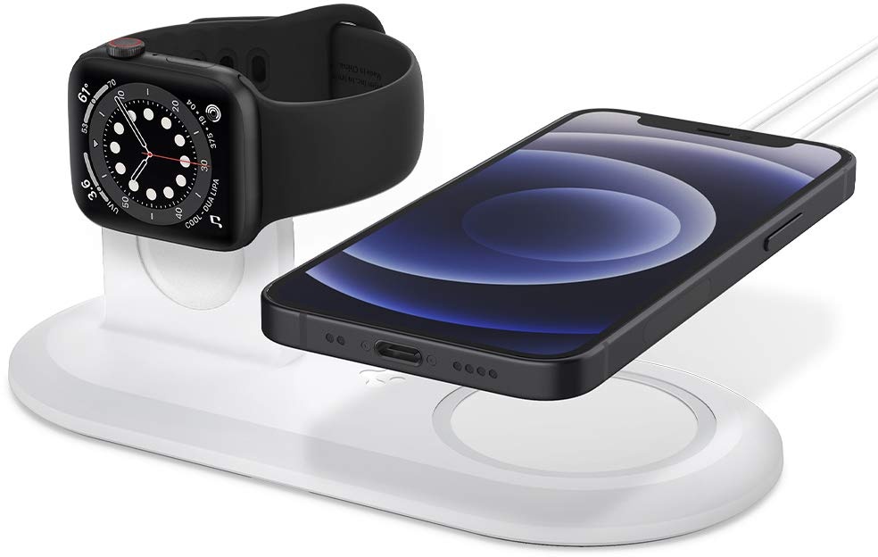 Spigen Mag Fit Duo Designed für MagSafe Ladegerät Pad/Kompatibel mit iPhone 15/14/13/12 und Apple Watch Ultra 2/Ultra 9/8/7/6/5/SE/4/3/2/1 - Weiß