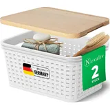 Novaliv 2er Set Eleganter Aufbewahrungskorb mit Holzdeckel in Rattan-Optik | Weiß Lebensmittelecht Kunststoff 2L – Perfekt für Bad & Kleidungsa...