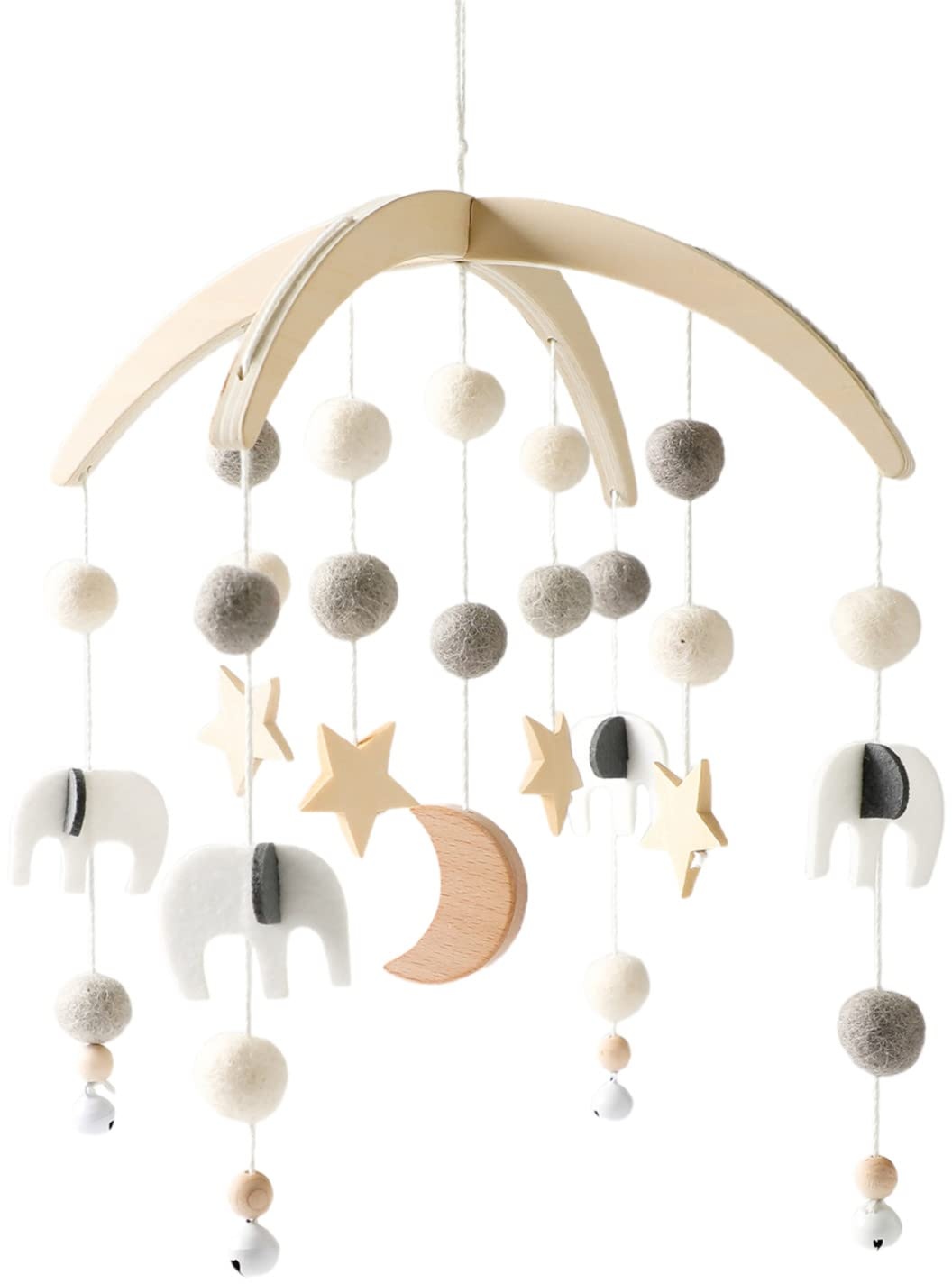 EXQULEG Mobile Baby Babybett Windspiel, Stern Mond Heißluftballon Holz Mobile Baby mit Filzbällen Hängende Bettglocke, Geschenk für Baby Mädchen oder Jungen (Grau)