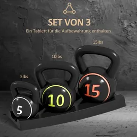 sportnow Kettlebell 3er Set 2,2kg, 4,5kg, 6,8kg Kugelhantel für Gymnastik, Schwarz