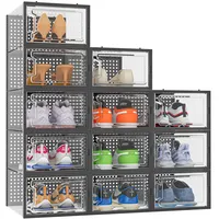 HOMIDEC Schuhboxen, 12er Pack Schuhboxen Stapelbar, Schuhorganizer Schuhaufbewahrung, Schuhkarton mit Deckel für Schuhe bis Größe 45, Schwarz