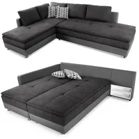 Federkern Ecksofa B306/T223/H95 cm Dauerschläfer, Doppelbett Schlaffunktion, Kaltschaum-Topper, Bettkasten, Regal, Schwenkteil RECHTS, Mikrofaser-Bezug Anthrazit, Korpus Kunstleder Grau / 15106