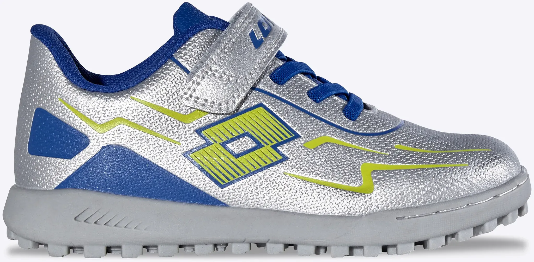 Fußballschuh LOTTO, Mädchen, Gr. 28, silber (silber, blau), Synthetik, Schuhe Fußballschuh, mit Turf-Sohle für synthetische Hartplätze, für Kinder