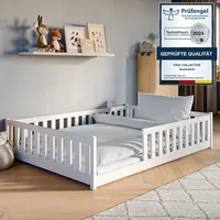 Kids Collective Bodenbett 140x200 cm mit Rausfallschutz & Lattenrost Montessori Bett Kinder Jugendbett Einzelbett | weiß Holz 140x45x200