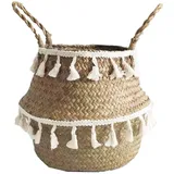 Szetosy Aufbewahrungskorb aus natürlichem Seegras - Seegras Bauchnabelkorb mit Bommel, faltbar, geflochtener Korb mit Griff für Wäsche, Spielzeug oder Pflanzgefäße, Kinderzimmer, Style#10, 32x28cm