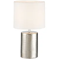MeineWunschleuchte Tischlampe mit Keramikfuß Silber Antik & Stoffschirm Leinen