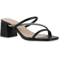 VAN HILL Damen Pantoletten Blockabsatz Strass Trendy Schuhe Schwarz,