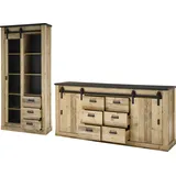 Home Affaire Wohnwand SHERWOOD, (2-St), Scheunentorbeschlag und Apothekergriffe aus Metall, Höhe 201 cm braun