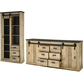 Home Affaire Wohnwand SHERWOOD, (2-St), Scheunentorbeschlag und Apothekergriffe aus Metall, Höhe 201 cm braun