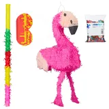 4 tlg. Pinata Set Flamingo, XXL Sack Metallic Konfetti zum Befüllen, Pinatastock & Augenmaske, Kinder Pinata, pink