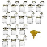 32 Mini-Marmeladengläser für 50 ml. / für Konfitüren, Öle, Salz, Gewürze, etc. - inkl. einem gelben Einfülltrichter