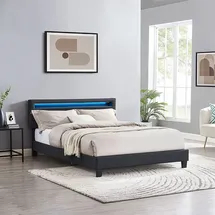 CARO-Möbel Polsterbett Columbus 140x200 cm, Bett Kunstleder in schwarz, mit LED Beleuchtung, Einzelbett im skandinavischen Stil, bequemes gepolstertes Bett, J... - Schwarz