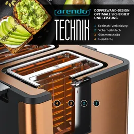 Arendo Toaster, 4 kurze Schlitze, für 4 Scheiben, 1750 W, Automatik, Edelstahl, Wärmeisolierendes Doppelwandgehäuse