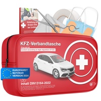 Verbandstasche für KFZ inkl. Extra Anleitungsbuch - Verbandskasten Auto nach aktueller Norm 2024 - DIN13164 - Erste Hilfe Set - Sozial verpackt