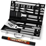 Grilliance 26 Stücke Edelstahl Grillzubehör Set Hochwertiger BBQ Grillbesteck Koffer Perfektes Grillwerkzeug Set für Männer Geschenk mit Tragbarer Aufbewahrungskoffer und Fleischthermometer Silber