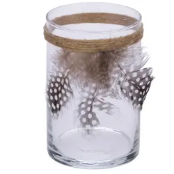 NEU Glaswindlicht mit Federn, klar / braun, 7,8 x 7,8 x 12 cm, handgefertigt, *Germany*