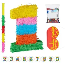 Relaxdays Pinata Set "Zahl 1" in Bunt Gelb/Grün/Orange