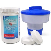 Cristal Set: 1 kg e-Chlortabletten 200 g langsam löslich, einzeln verpackt, inkl. Dosierschwimmer, für Pools ab 20 m3 - hoher Aktivchlorgehalt - Langzeitdesinfektion