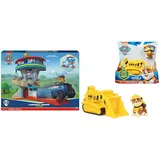 PAW PATROL, Lookout Tower, Hauptquartier Spielset mit 1 Chase Basis Fahrzeug, 2 Chase Figuren und Zubehör, geeignet für Kinder ab 3 Jahren & 6056857 Rubbles Bulldozer und Figur (Basic Vehicle)