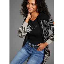 KangaROOS Kapuzenstrickjacke KANGAROOS, Damen, Gr. 40/42, grau (schwarz, grau, gemustert), Strick, Obermaterial: 50% Baumwolle, 50% Polyacryl, lässig geschnitten lang, Rippbündchen, Strickjacken, mit angesagtem Strickmuster