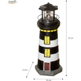 Lemodo Gartendeko Leuchtturm mit Solar 37 cm, handbemalte Gartenfigur schwarz,weiß