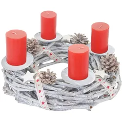 Mendler Adventskranz rund, Weihnachtsdeko Tischkranz, Holz Ø 30cm weiß-grau ~ mit Kerzen, rot