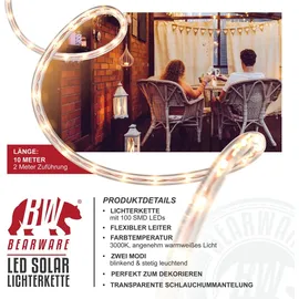 Bearware LED Lichterkette Solar 10 m warmweiß - Innen und Außen - Solarpanel mit Akku 1200mAh - 100 Leds warmweiß - 2 Modi: blinkend und stetig
