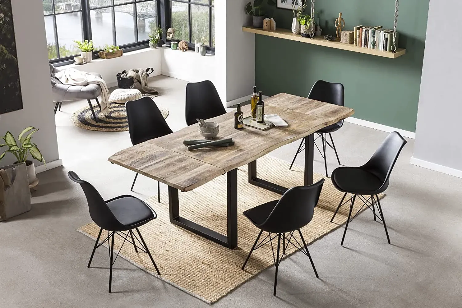 Essgruppe Baumkantentisch Mango mit Ansteckplatten 200(300)x100 cm U-Gestell 7tlg. NOAR III