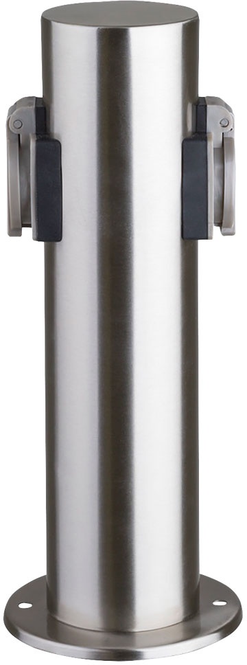 Außensteckdose Energieverteiler 2-Fach Steckdosensäule Klappdeckel max. 3680 W Kinderschutz wettergeschützt, Edelstahl silber, LxBxH 11,8x11,8x30 cm
