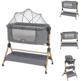 KIKKABOO Kikka boo Beistellbett Sleat Me 2 in 1 Hochstuhl, höhenverstellbar, Moskitonetz grau