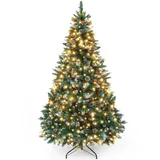 Yorbay künstlicher Weihnachtsbaum mit Beleuchtung und weißem Schnee, LED Tannenbaum für Weihnachten-Dekoration mit echten Tannenzapfen, Feuerbeständig (210CM)