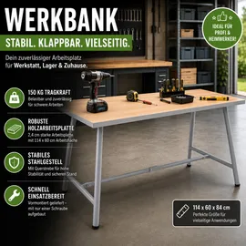 Trutzholm Werkbank klappbar 114x60x84 cm 150 kg Tragkraft robustes Stahlgestell Holzarbeitsplatte Werktisch
