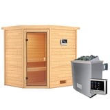 Woodfeeling Karibu Woodfeeling Sauna Elea - 38 mm Bronzierte Ganzglastür Ohne Dachkranz 9 kW Ofen inkl. Steuergerät inkl. 8-teiligem gratis Zubehörpaket (Gesamtwert 191,92€)