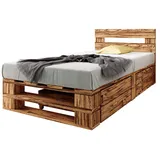 sunnypillow Palettenbett M2 aus Holz 100 x 200 cm mit Kopfteil und 2 Bettkästen Stabiles Holzbett Seniorenbett Kinderbett erhöhtes Einzelbett Bettgestell Futonbett Komforthöhe Geflammt