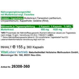 VitalLife Mutterkraut Kapseln 360 St.