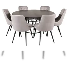VCM Copenhagen Essgruppe Esstisch braun und 6 Velvet Deluxe Esszimmerstühle Velour hellgrau.
