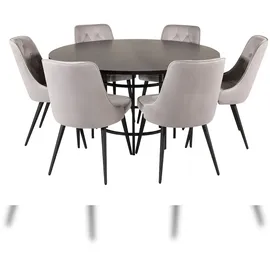 VCM Copenhagen Essgruppe Esstisch braun und 6 Velvet Deluxe Esszimmerstühle Velour hellgrau.