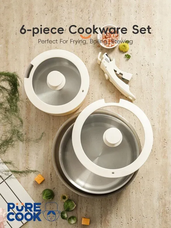 PURE COOK 304 Dreischicht-Edelstahl-Antihaft 6-teiliges Kochgeschirr-Set Serie | Außen: Off-weiße Keramikbeschichtung, Innen: 304 Edelstahl, Abnehmbarer Griff und Silikon-Glasdeckel (18 cm Milchtopf, 22 cm Suppentopf, 26 cm Bratpfanne)