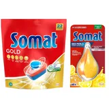 SOMAT Tabs 22 AW Gold, Geschirrspül Tabs für sauberes Geschirr auch bei niedrigen Temperaturen, gegen Eingetrocknetes + Somat Duo Power Experten Deo Perls 60 AW Zitrone & Orange Duft