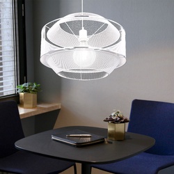 Pendelleuchte Esszimmer Hängeleuchte Hängelampe Metall-Gitter mit Chromringen, weiß silber rund, 1x E27, DxH 45x150 cm, Wohnraum