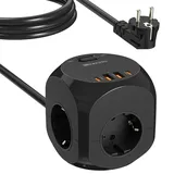 HITRENDS 4 Fach Steckdosenwürfel Mehrfachsteckdosen, Steckerleiste mit 4 USB, 2 USB & 2 Typ-C, 8 in 1 Cube Steckdose Mehrfachstecker mit 2M Kabel für Büro, zu Hause Schwarz