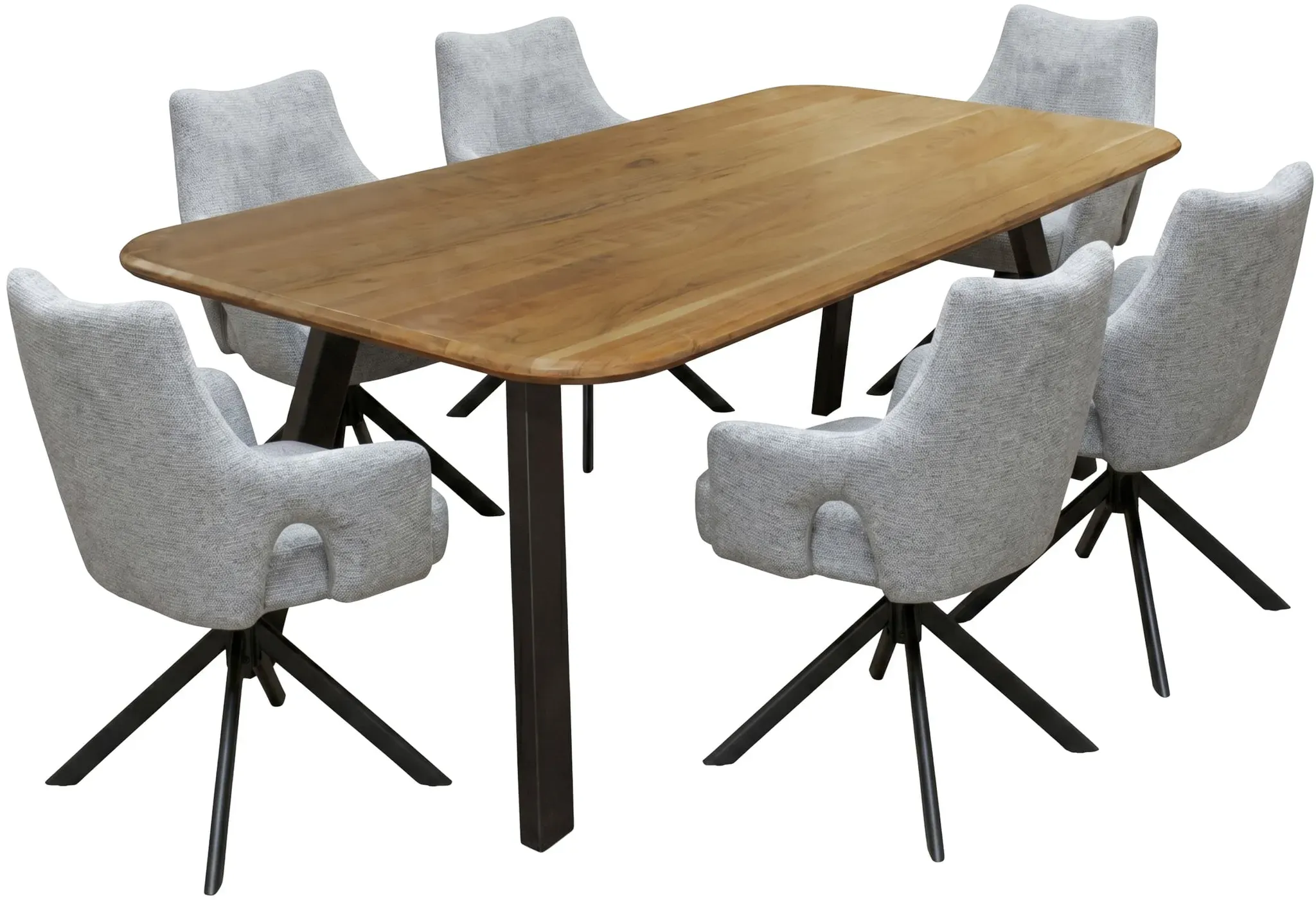 LC Home Essgruppe Livrono 7tlg. Esstisch Akazie Metallgestell 215x100cm + 6 Esszimmerstühle Livrono Grau
