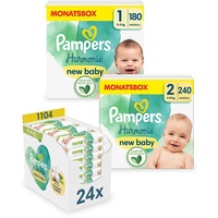 Pampers Harmonie New Baby Set mit Windeln Größe 1 (2-5kg, 180 Stück), Größe 2 (4-8kg, 240 Stück) HALBMONATSBOX, und New Baby Feuchttücher, 1104 Tücher (46 x 24), Baby Erstausstattung