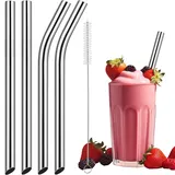 NiHome 4er-Pack Edelstahl Strohhalme Wiederverwendbar, Extra Breite 1.3 cm Trinkhalme 2 Gerade & 2 Gebogen, Mit Reinigungsbürste, Ideal für Boba, Smoothie und Dickflüssige Getränke (Silber)