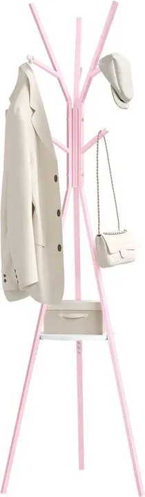 WOLTU Baumförmiger Garderobenständer auf Füßen, Dreibein-Kleiderständer mit 9 Haken und 1 Rundablage für Jacken Hüte Taschen, Metall und MDF-Holz, Pink + Weiß