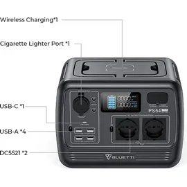 Bluetti PS54 700W Tragbarer Stromerzeuger, 537 Wh LiFePO4 Batterie mit 2 AC-Ausgängen, Tragbare Elektrostation PS54.700W/537WH für Camping. Reisen, dunkelgrau|dunkelgrau No Size