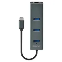Savio USB-C Hub SAVAK-57 Aluminium 3x USB 3.1 1x RJ45 5Gbps Schwarz/Grau