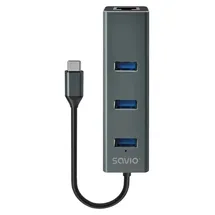 Savio USB-C Hub SAVAK-57 Aluminium 3x USB 3.1 1x RJ45 5Gbps Schwarz/Grau